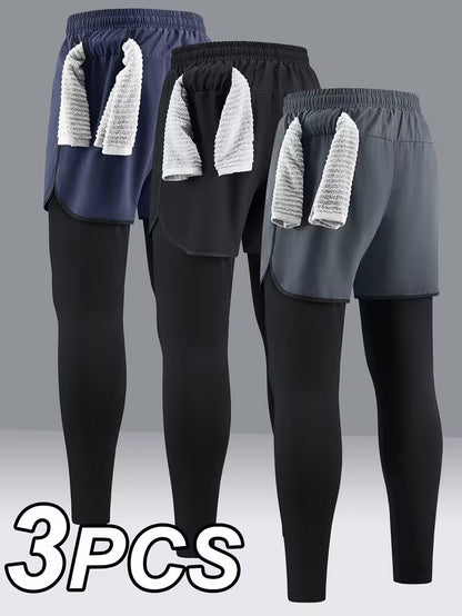 3pcs men's 2 in 1 workout shorts pocket active high stretch