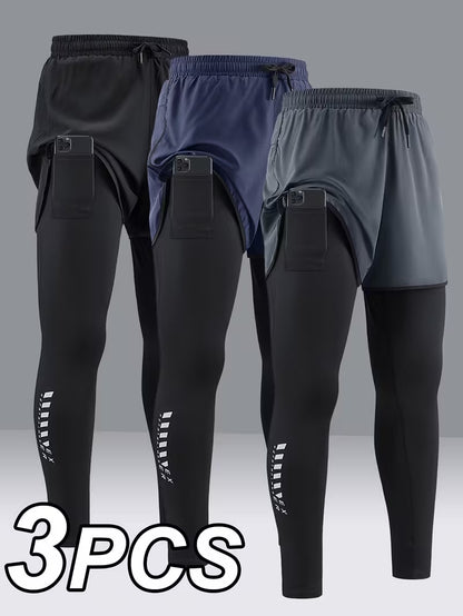 3pcs men's 2 in 1 workout shorts pocket active high stretch