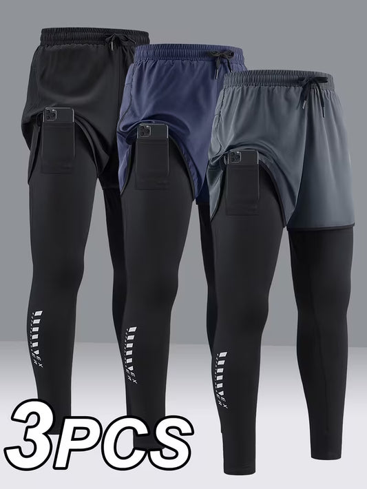 3pcs men's 2 in 1 workout shorts pocket active high stretch